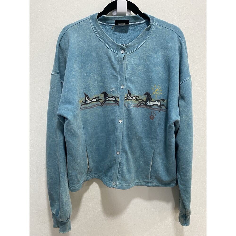 Vintage Stone Age Rockwear Sweatshirt Cardigan Teal Women’s L 90s Soft Grunge